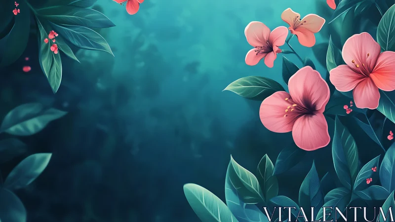 Pink Blooms Against Teal Gradient with Botanical Foliage.