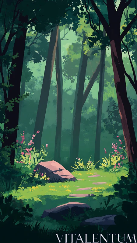Stylized forest interior with tall trees, understory flora, and dappled illumination