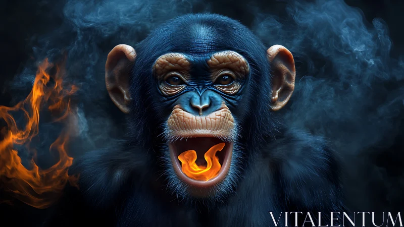 Combustive primate portrait with volumetric smoke rendering.