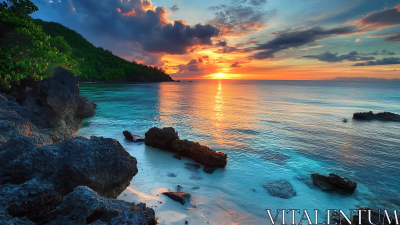 Coastal shoreline with rocky foreground and sunset horizon.