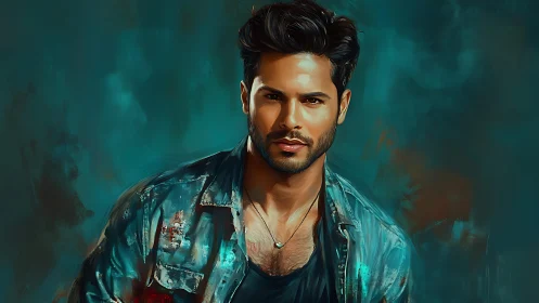 Confident man in teal-toned digital portrait stares forward