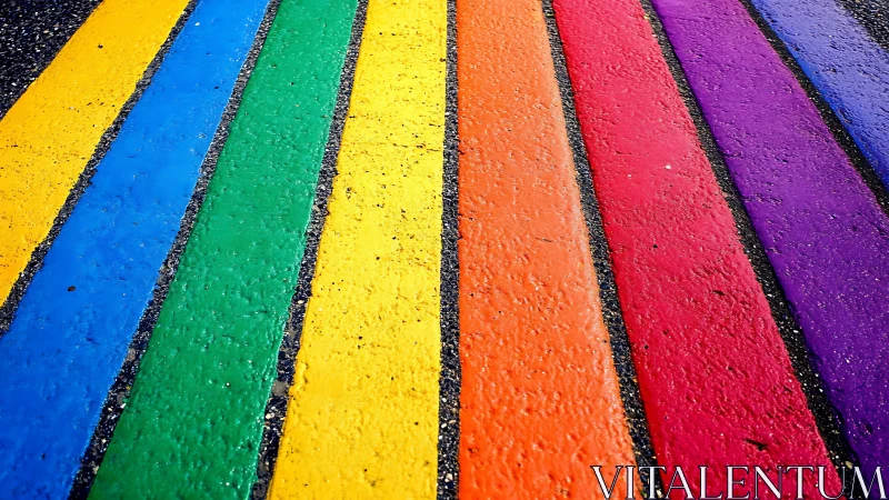 Parallel multicolor painted street bands in diagonal view.