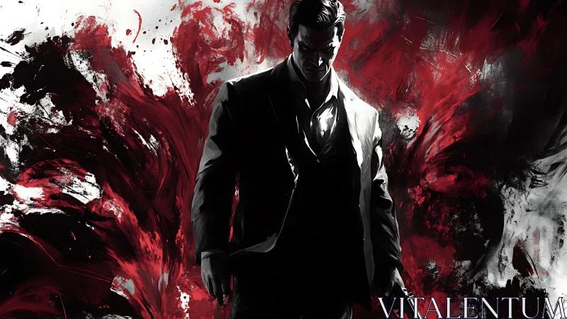 Brooding gunman amid abstract crimson chaos backdrop.