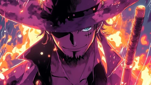 Mysterious swordsman in glowing firelit stormy night.