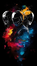 Three helmeted figures with abstract color splashes on black.