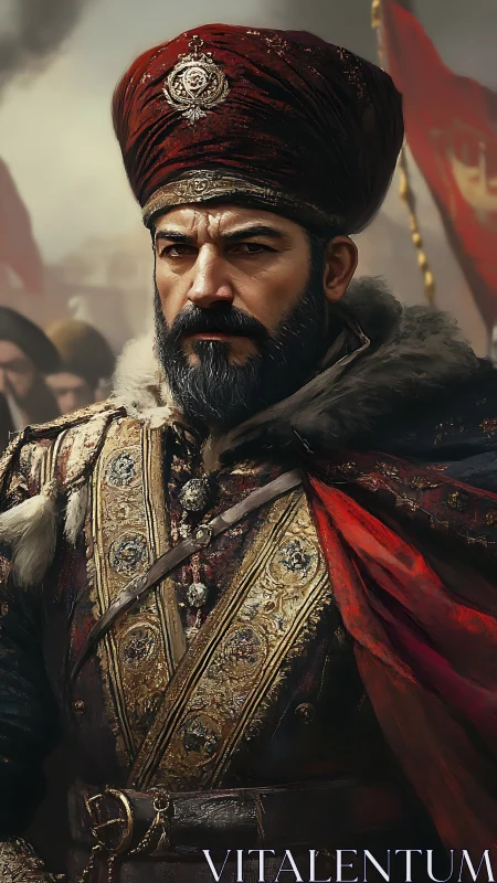 Regal warrior in ornate Ottoman robes commands the battlefield.