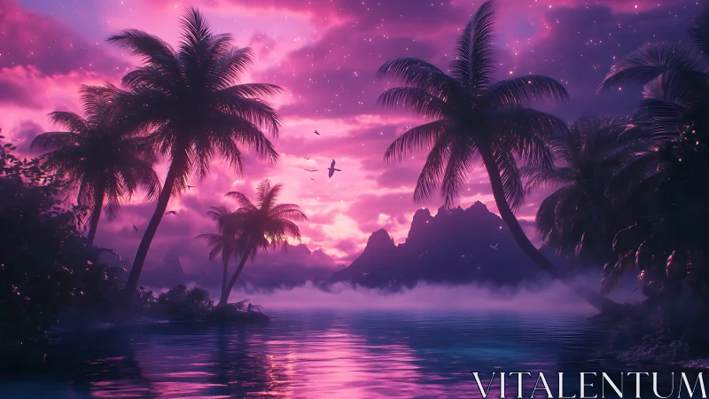 Neon Tropical Paradise: Magenta Sunset Over Palms.