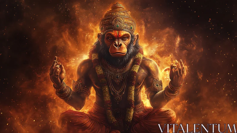 Divine monkey warrior meditates within swirling firelight.