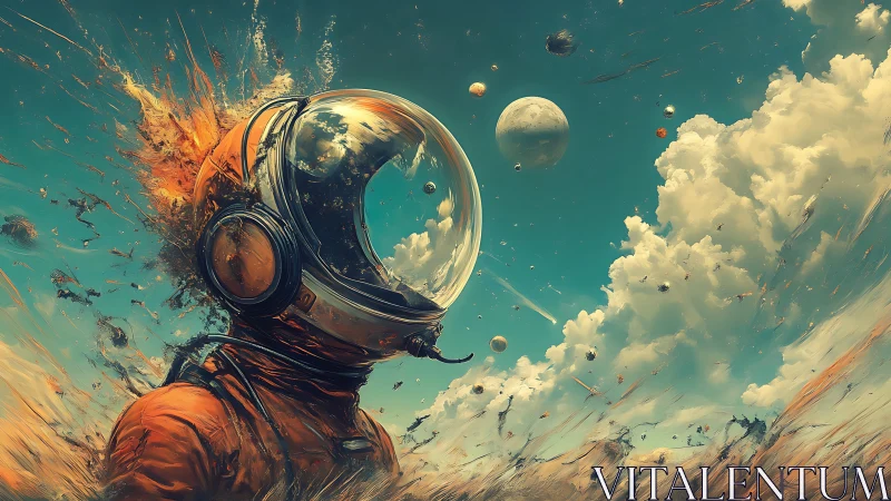 Cosmic voyager in explosive nebula skyscape portrait.