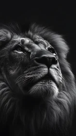 Monochrome lion portrait emphasizes dramatic rim lighting and form