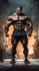 Steel-sculpted titan exhales firelight in the quiet gym haze