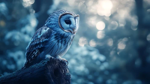 Majestic Barred Owl in Dreamy Blue Forest, Soft Focus Photography.