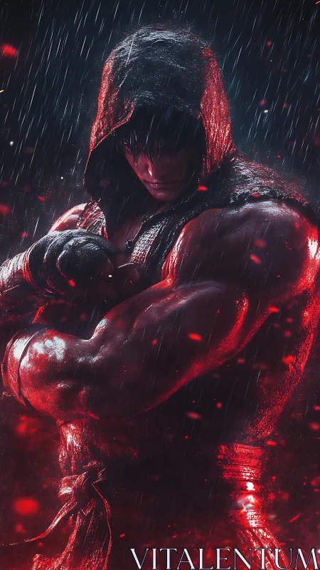 Hooded muscular fighter in rain with red illuminated accents.