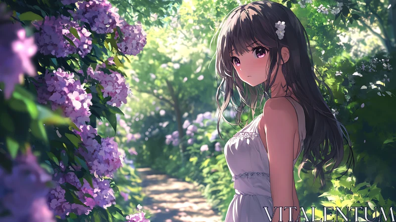 Anime girl walks through sunlit hydrangea garden in summer