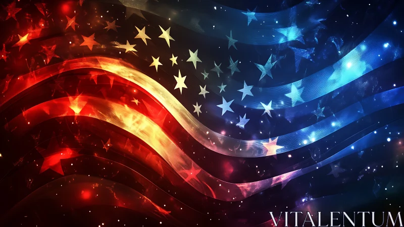Spectral American flag waveform with luminous particle field.