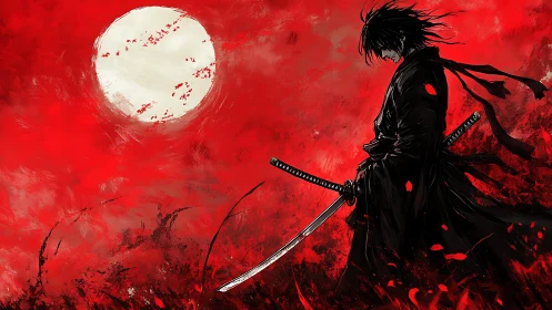 Moonlit ronin carves stillness through a storm of red sky