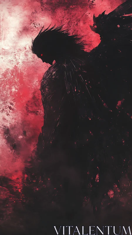Winged dark silhouette stands in high contrast red mist