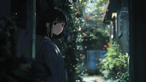 Backlit anime girl stands in narrow alleyway with dappled light