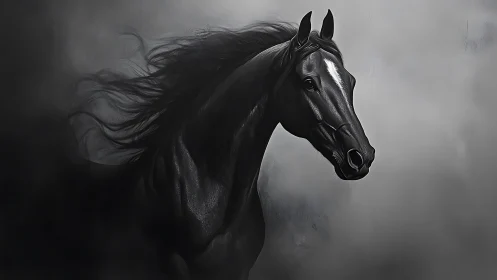 Powerful black horse emerges softly from swirling mist