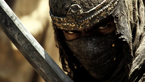 Masked desert warrior with sword in intense closeup.