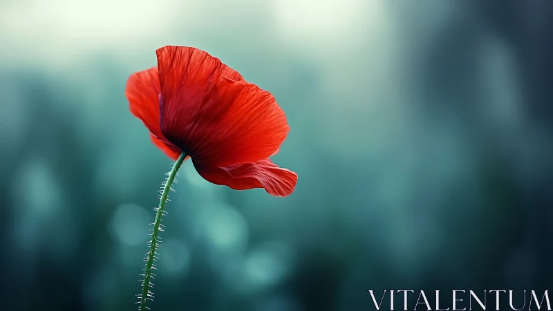 Red poppy in sharp focus against soft teal bokeh.