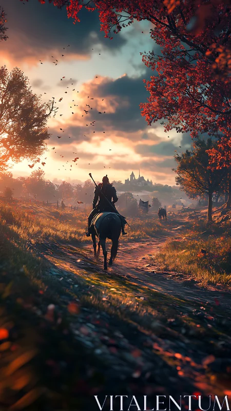 Lone rider follows a sunlit forest path toward distant castle