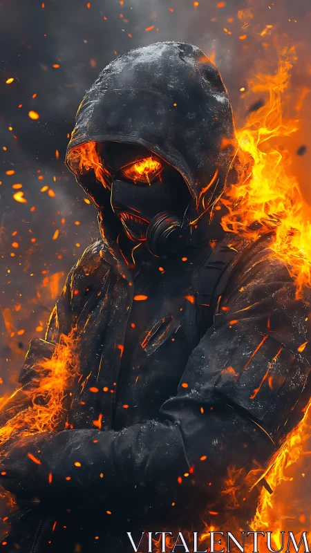 Hooded fire warrior stands engulfed in blazing inferno