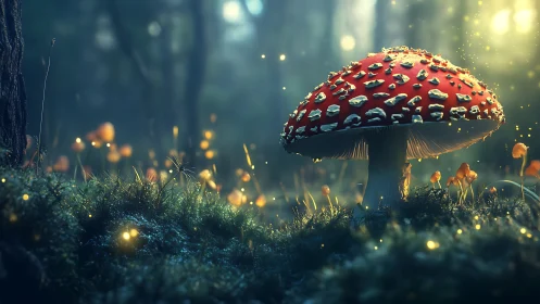 Firefly-lit toadstool throne in a dreaming forest dusk.
