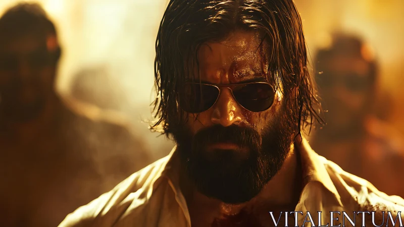 Intense bearded man in sunglasses in harsh golden light.