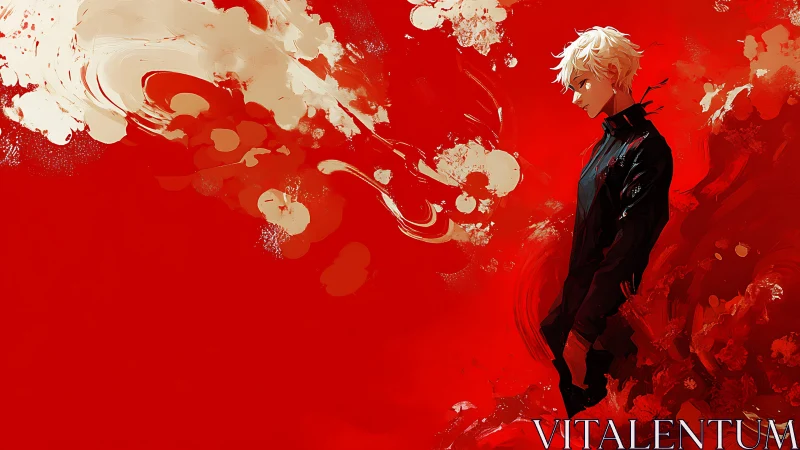 Blond anime figure stands in black coat amid red abstract field