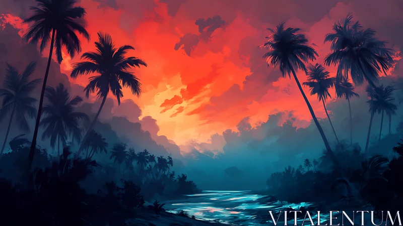 Tropical silhouettes lean into a neon storm of molten dusk