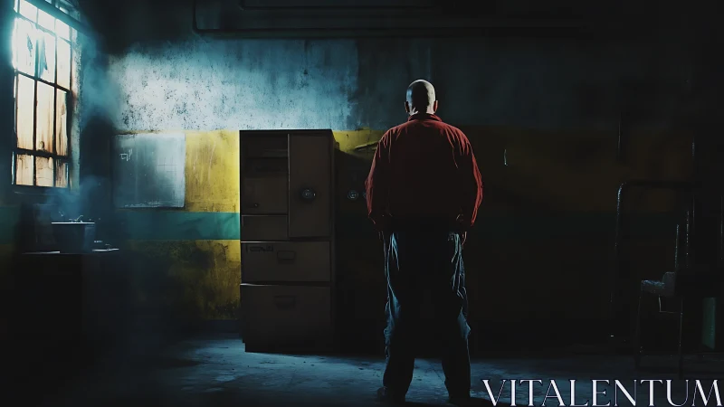 Man in red jacket stands alone in dark industrial room.