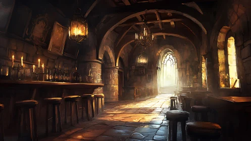 Sunlit medieval tavern interior glows with quiet warmth
