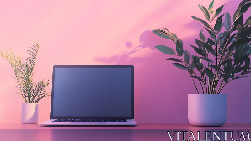 Laptop on desk between potted plants in soft pink light.
