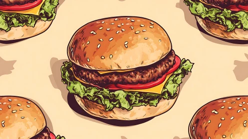 Playful pop-art burgers march across a tasty dreamscape.