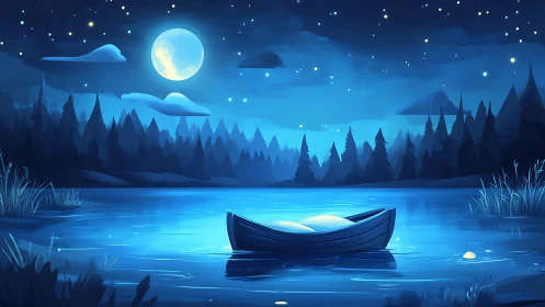 Digital painting nocturne of moonlit lake and drifting boat.