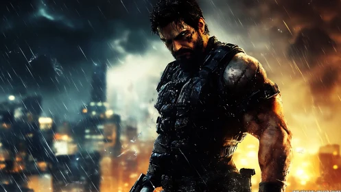 Armored soldier in rain over burning urban skyline at night.