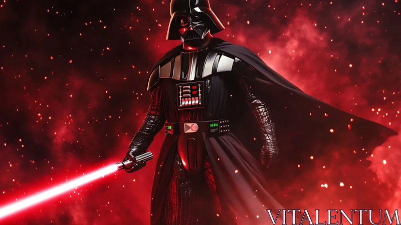 Dark armored warrior wields red energy blade in smoke