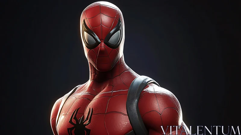 Glossy red web-suited vigilante in cinematic spotlight.