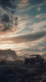 Old utility truck is parked on a rocky desert track
