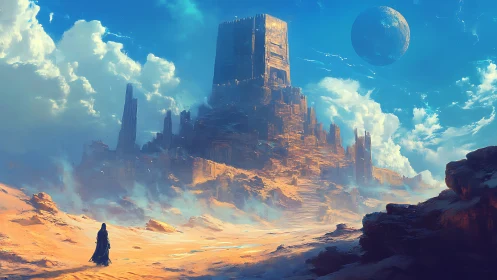 Lone traveler approaching monumental desert citadel.