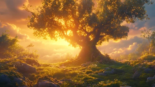 Solitary broad tree in backlit meadow at low sun angle.