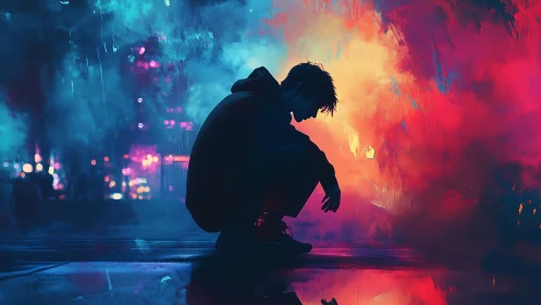 Silhouetted youth crouches in neon haze of emotional night