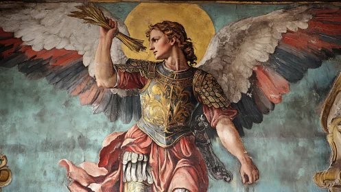 Armored archangel raises wheat sheaf against weathered fresco sky