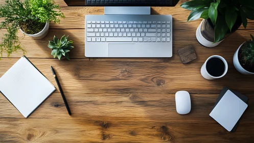 Minimalist wooden desk holds laptop, plants, notebook, coffee mug