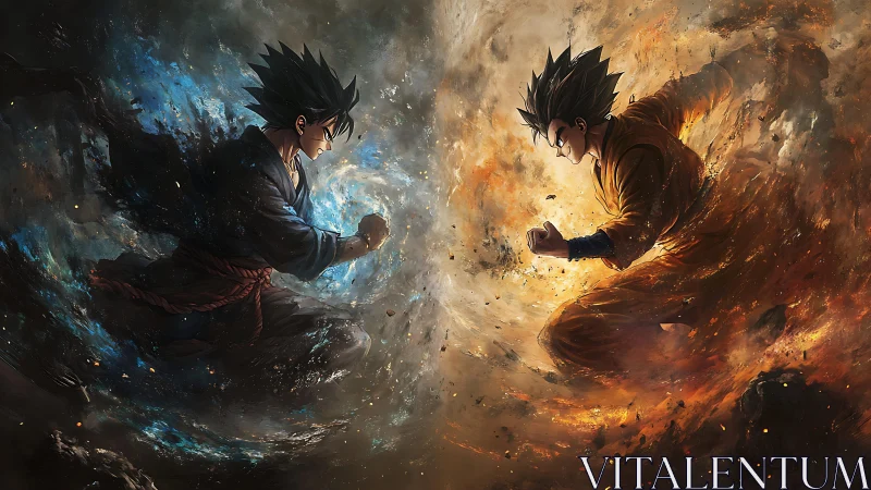 Rival anime warriors clash within swirling fire and ice vortex
