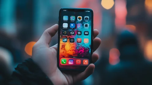 Smartphone close-up with vibrant bokeh street backdrop.