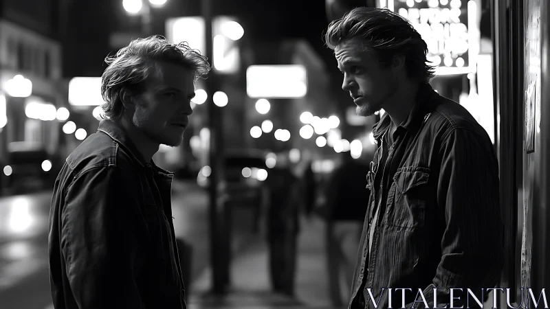 Two men confront each other on urban street at night