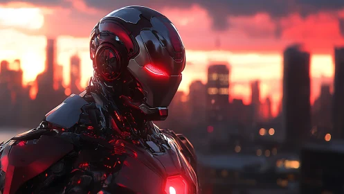Crimson armored android watches a neon city at sundown