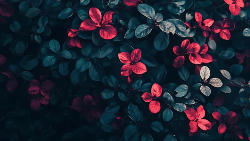 Crimson leaves scattered across deep teal foliage field.